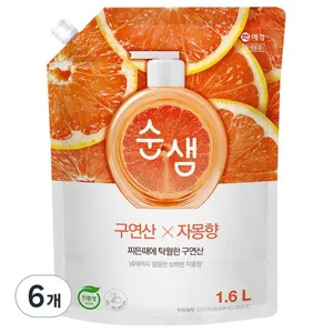 순샘 구연산 자몽 주방세제 리필, 1.6L, 6개